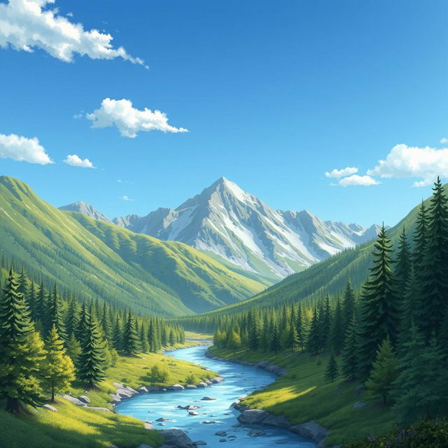 A beautifully detailed illustration of a serene mountain landscape with a clear blue sky, lush green trees, and a calm river flowing through the valley