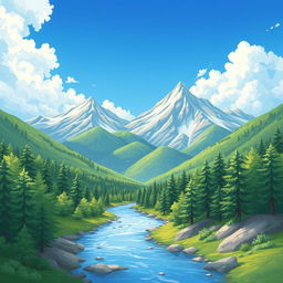 A beautifully detailed illustration of a serene mountain landscape with a clear blue sky, lush green trees, and a calm river flowing through the valley