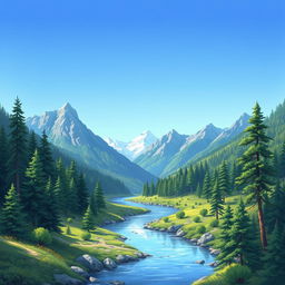 A beautifully detailed illustration of a serene mountain landscape with a clear blue sky, lush green trees, and a calm river flowing through the valley