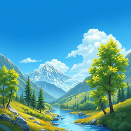 A beautifully detailed illustration of a serene mountain landscape with a clear blue sky, lush green trees, and a calm river flowing through the valley