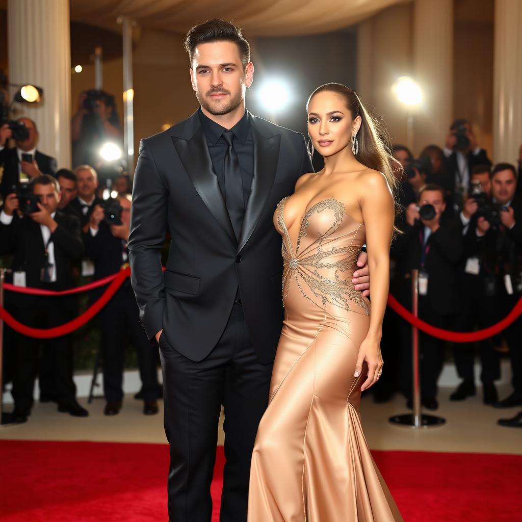 Jennifer Lopez wearing a stunning, elegant dress, standing next to a tall, muscular man in a black suit