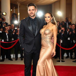 Jennifer Lopez wearing a stunning, elegant dress, standing next to a tall, muscular man in a black suit