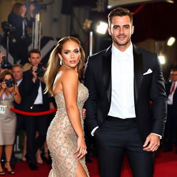 Jennifer Lopez wearing a stunning, elegant dress, standing next to a tall, muscular man in a black suit