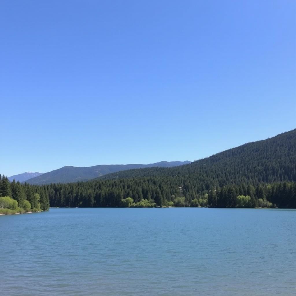 A serene landscape featuring a clear blue sky, a tranquil lake surrounded by lush green trees, and a distant mountain range