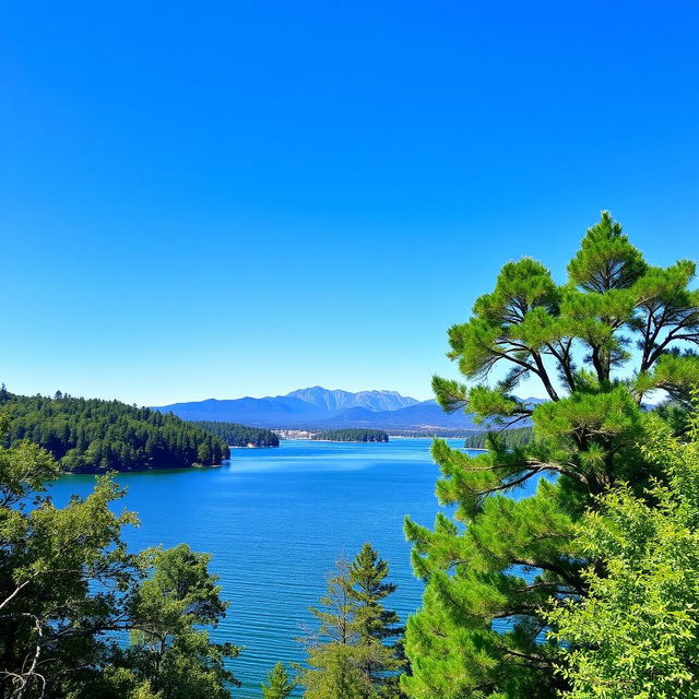 A serene landscape featuring a clear blue sky, a tranquil lake surrounded by lush green trees, and a distant mountain range