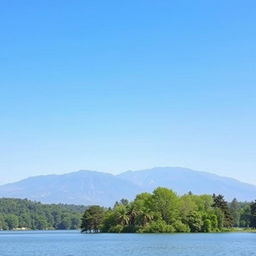 A serene landscape featuring a clear blue sky, a tranquil lake surrounded by lush green trees, and a distant mountain range