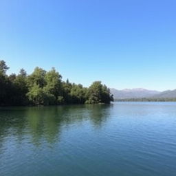 A serene landscape featuring a clear blue sky, a tranquil lake surrounded by lush green trees, and a distant mountain range