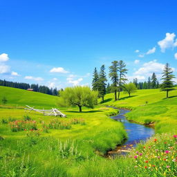 A beautiful and serene landscape featuring a clear blue sky, lush green meadows, and a tranquil river flowing through it