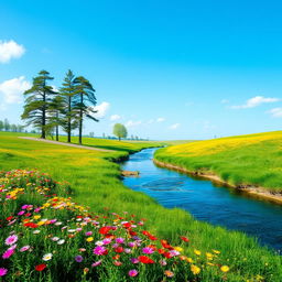 A beautiful and serene landscape featuring a clear blue sky, lush green meadows, and a tranquil river flowing through it