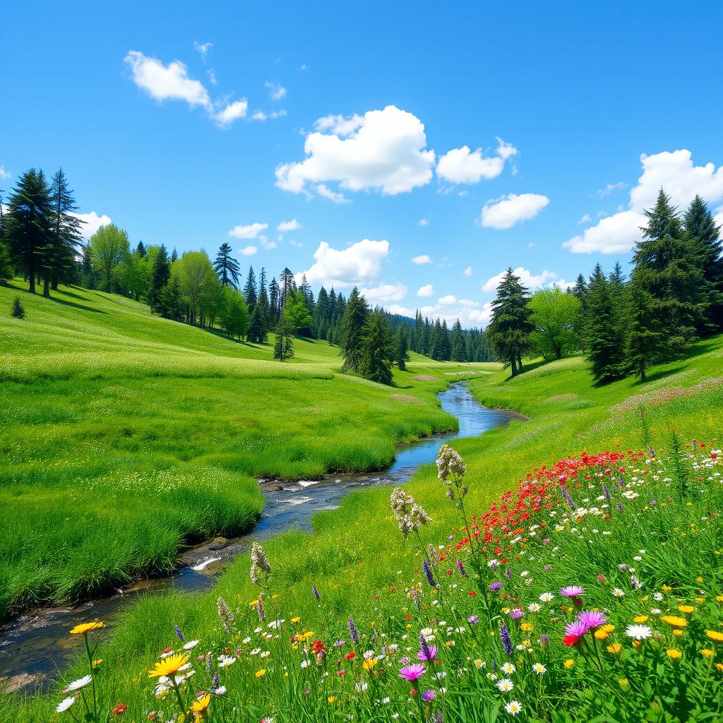 A beautiful and serene landscape featuring a clear blue sky, lush green meadows, and a tranquil river flowing through it