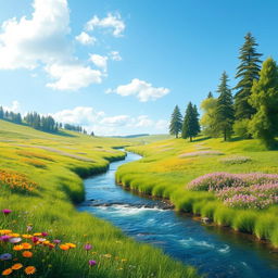 A beautiful and serene landscape featuring a clear blue sky, lush green meadows, and a tranquil river flowing through it