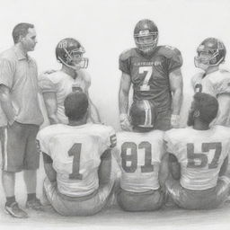 Drawing of supportive individuals helping football players manage stress and pressure, conveying an atmosphere of empathy and encouragement