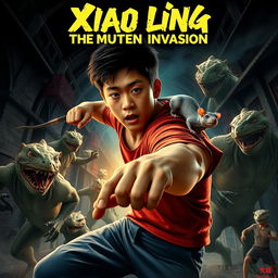 Create a dynamic movie poster featuring a young Asian man with a rat on his shoulder, fighting mutant lizard people in a dark, gritty sewer