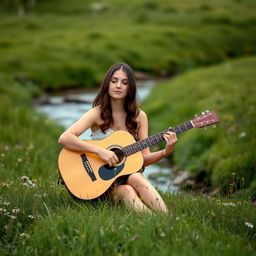 A brunette woman playing a guitar in a serene field near a gently flowing brook