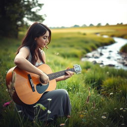 A brunette woman playing a guitar in a serene field near a gently flowing brook