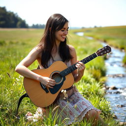 A brunette woman playing a guitar in a serene field near a gently flowing brook