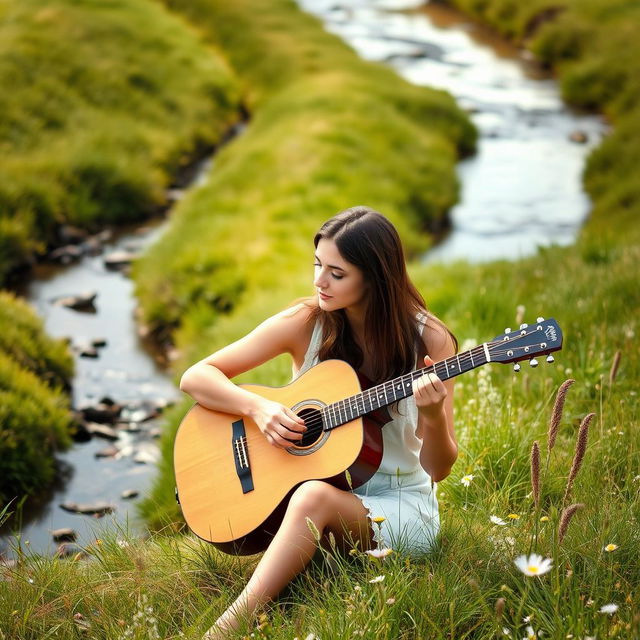 A brunette woman playing a guitar in a serene field near a gently flowing brook