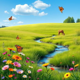 A serene landscape featuring a lush green meadow with colorful wildflowers, a clear blue sky with a few fluffy clouds, and a gentle stream flowing through the scene