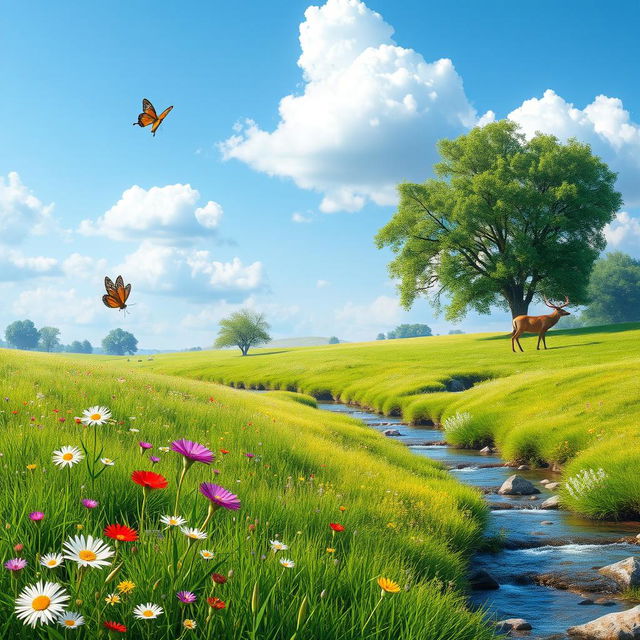 A serene landscape featuring a lush green meadow with colorful wildflowers, a clear blue sky with a few fluffy clouds, and a gentle stream flowing through the scene