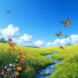 A serene landscape featuring a lush green meadow with colorful wildflowers, a clear blue sky with a few fluffy clouds, and a gentle stream flowing through the scene