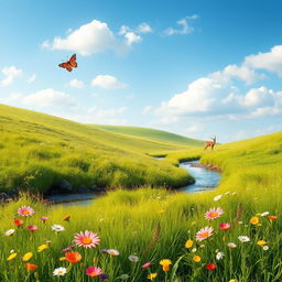 A serene landscape featuring a lush green meadow with colorful wildflowers, a clear blue sky with a few fluffy clouds, and a gentle stream flowing through the scene