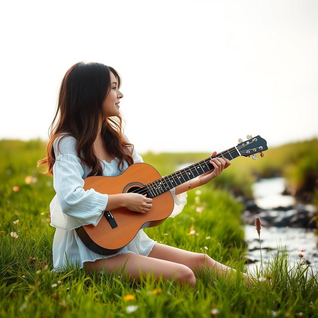 A brunette woman in a wistful white top playing a guitar in a serene field near a gently flowing brook