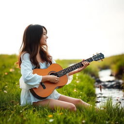 A brunette woman in a wistful white top playing a guitar in a serene field near a gently flowing brook