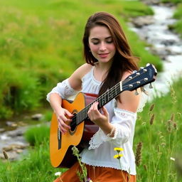 A brunette woman in a wistful white top playing a guitar in a serene field near a gently flowing brook