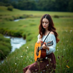 A brunette woman in a wistful white top playing a guitar in a serene field near a gently flowing brook