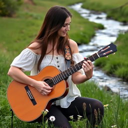 A brunette woman in a wistful white top playing a guitar in a serene field near a gently flowing brook