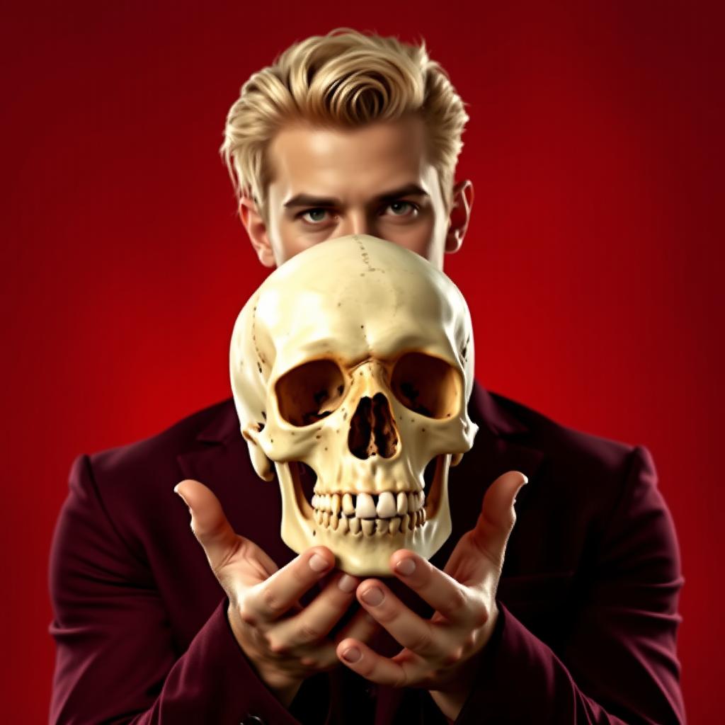 A handsome blond man holding a skull in his hands, set against a dramatic red background