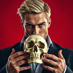 A handsome blond man holding a skull in his hands, set against a dramatic red background