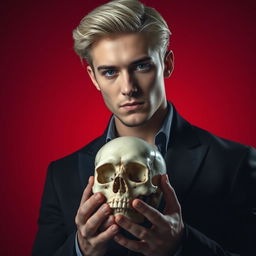 A handsome blond man holding a skull in his hands, set against a dramatic red background