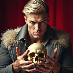 A handsome blond man holding a skull in his hands, set against a dramatic red background