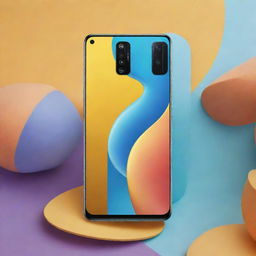 A vivid propaganda poster featuring the Realme 7 smartphone. The poster should highlight its main features, in a high energy, creative and engaging design.