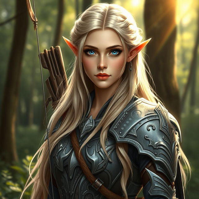 A detailed portrait of an elven female archer with long blonde hair and blue eyes