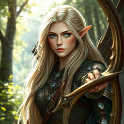 A detailed portrait of an elven female archer with long blonde hair and blue eyes