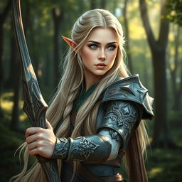 A detailed portrait of an elven female archer with long blonde hair and blue eyes