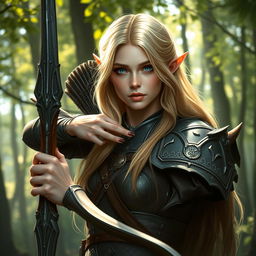 A detailed portrait of an elven female archer with long blonde hair and blue eyes