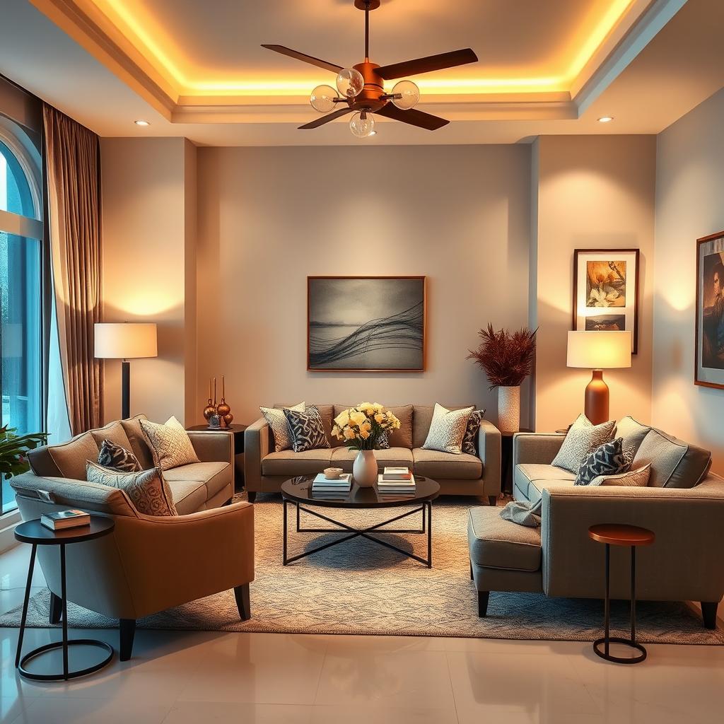 A beautifully decorated living room with modern furniture, cozy lighting, and elegant decor