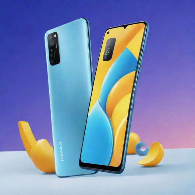 A vivid propaganda poster featuring the Realme 7 smartphone. The poster should highlight its main features, in a high energy, creative and engaging design.