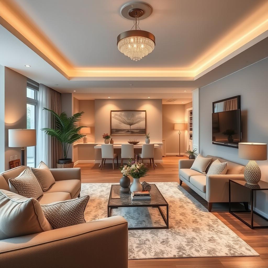 A beautifully decorated living room with modern furniture, cozy lighting, and elegant decor