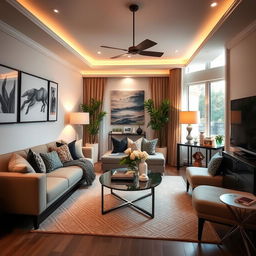 A beautifully decorated living room with modern furniture, cozy lighting, and elegant decor