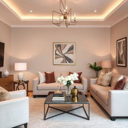 A beautifully decorated living room with modern furniture, cozy lighting, and elegant decor