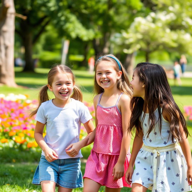 A picture of girls enjoying a sunny day in the park, playing and laughing together