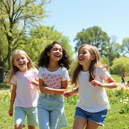 A picture of girls enjoying a sunny day in the park, playing and laughing together