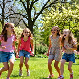 A picture of girls enjoying a sunny day in the park, playing and laughing together