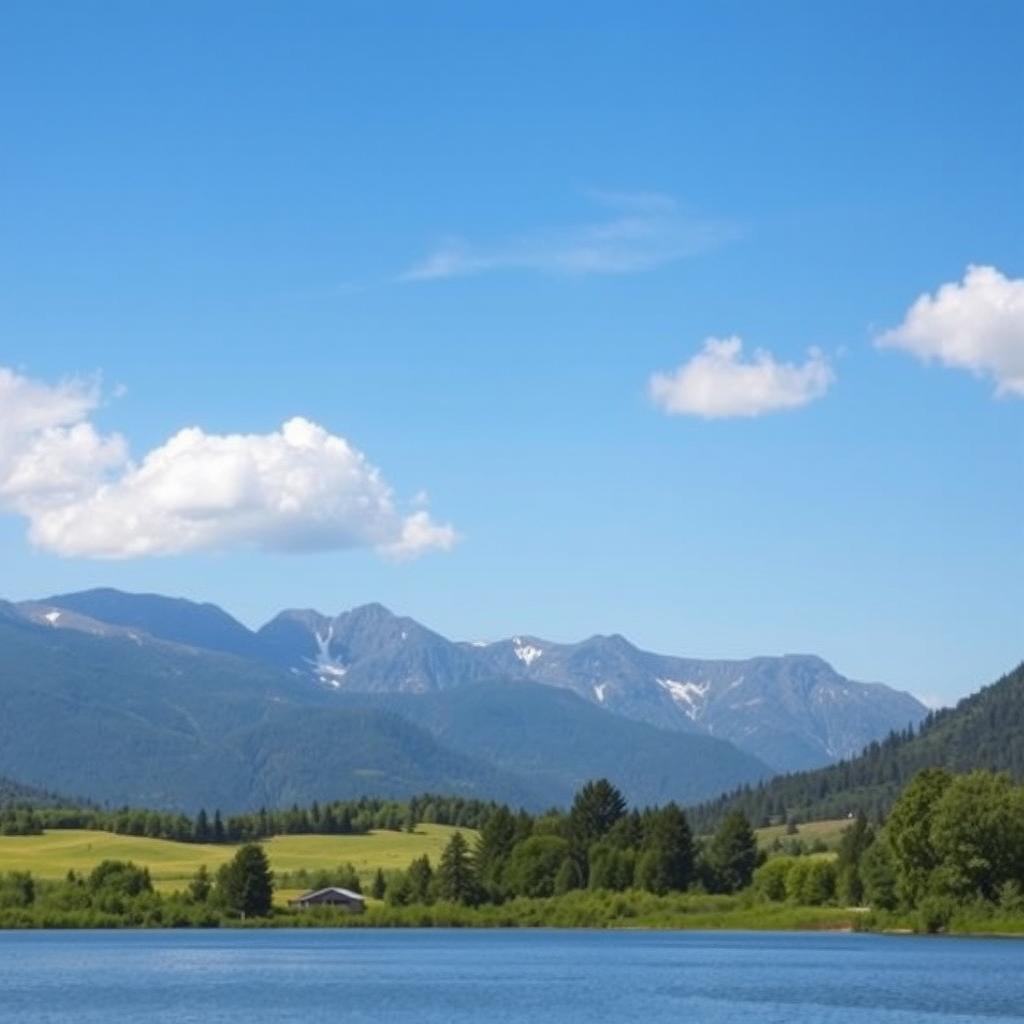 A beautiful landscape with mountains in the background, a serene lake in the foreground, and a clear blue sky with a few fluffy clouds