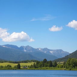 A beautiful landscape with mountains in the background, a serene lake in the foreground, and a clear blue sky with a few fluffy clouds