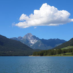 A beautiful landscape with mountains in the background, a serene lake in the foreground, and a clear blue sky with a few fluffy clouds